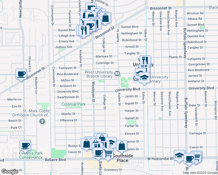map of restaurants, bars, coffee shops, grocery stores, and more near 3831 Amherst Street in Houston