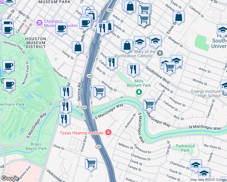 map of restaurants, bars, coffee shops, grocery stores, and more near 2620 Riverside Drive in Houston