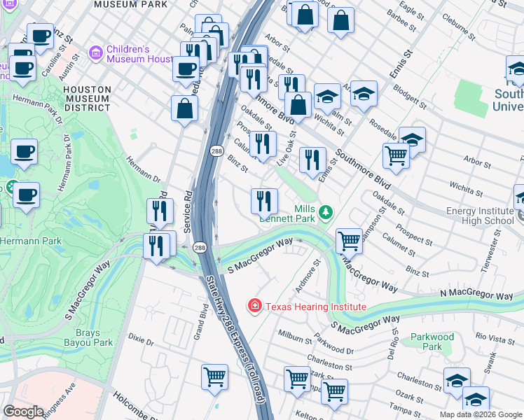map of restaurants, bars, coffee shops, grocery stores, and more near 2620 Riverside Drive in Houston