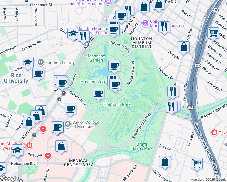 map of restaurants, bars, coffee shops, grocery stores, and more near 6200 Hermann Park Drive in Houston