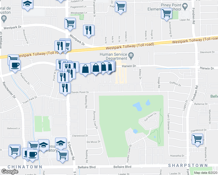 map of restaurants, bars, coffee shops, grocery stores, and more near 8 Sands Point Drive in Houston
