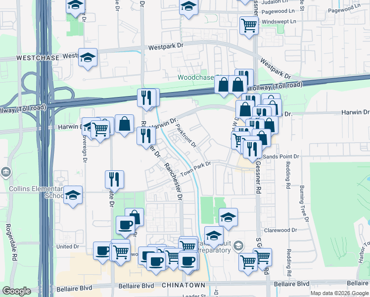 map of restaurants, bars, coffee shops, grocery stores, and more near 326 Parkfront Drive in Houston