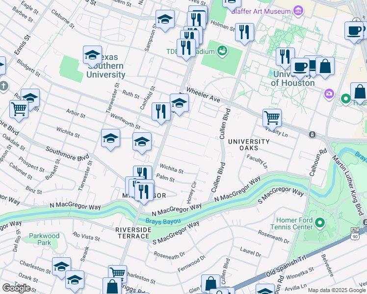 map of restaurants, bars, coffee shops, grocery stores, and more near 3851 Arbor Street in Houston