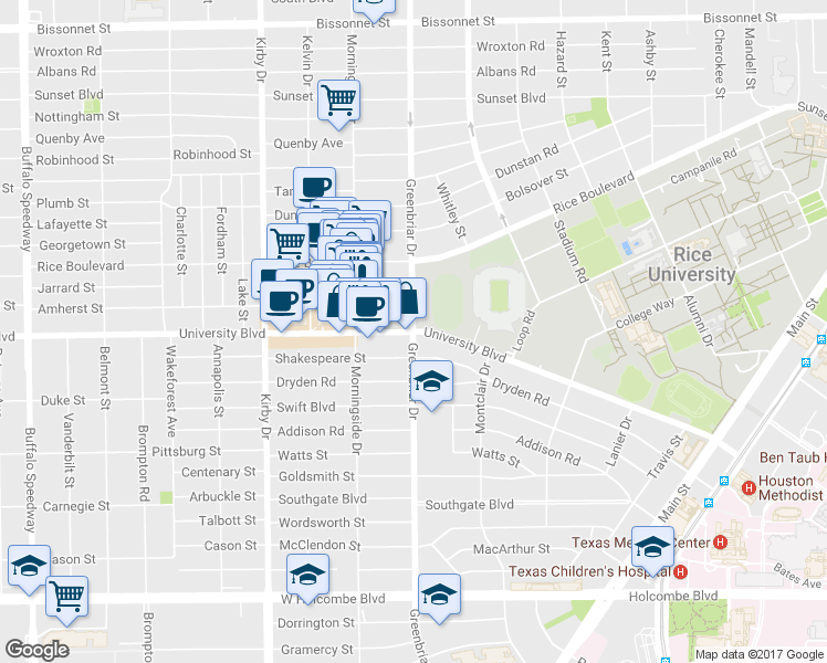 map of restaurants, bars, coffee shops, grocery stores, and more near Greenbriar St & University Blvd in Houston