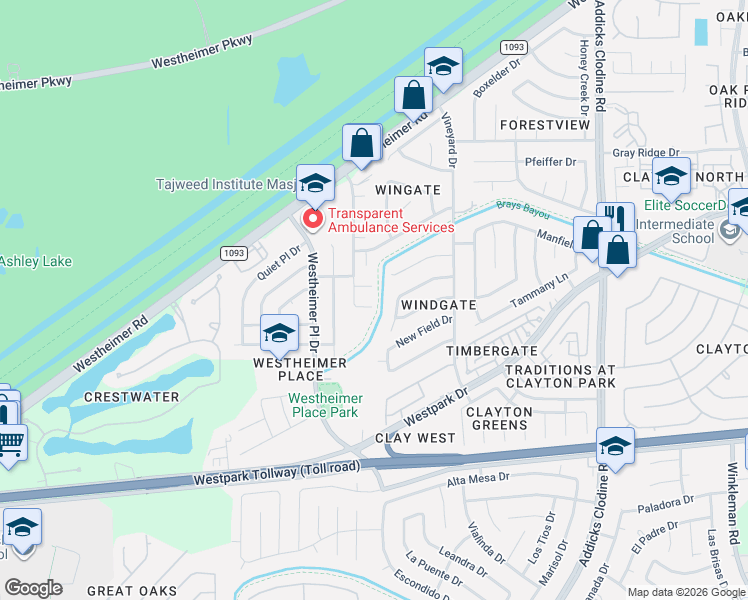 map of restaurants, bars, coffee shops, grocery stores, and more near 16202 Whitesage Court in Houston
