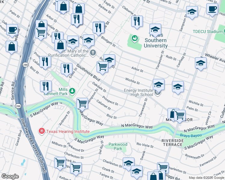 map of restaurants, bars, coffee shops, grocery stores, and more near 3306 Southmore Boulevard in Houston