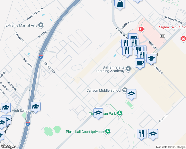 map of restaurants, bars, coffee shops, grocery stores, and more near 1990 Wind Chime Way in New Braunfels
