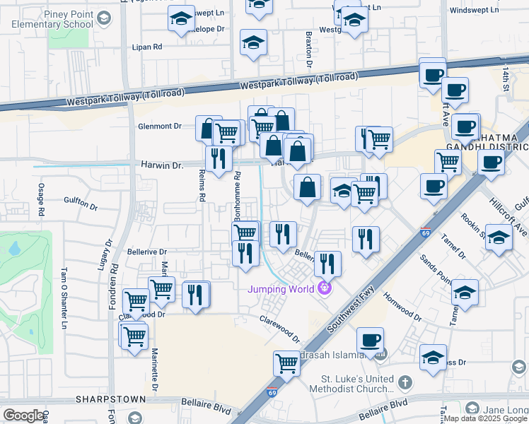 map of restaurants, bars, coffee shops, grocery stores, and more near 7385 Regency Square Court in Houston
