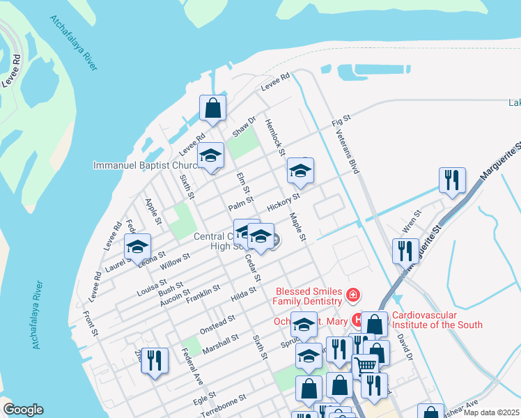 map of restaurants, bars, coffee shops, grocery stores, and more near 2301-2399 Elm Street in Morgan City