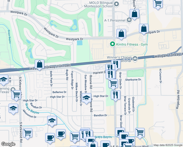 map of restaurants, bars, coffee shops, grocery stores, and more near 11490 Harwin Drive in Houston