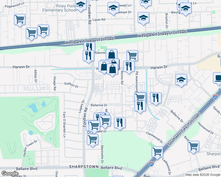 map of restaurants, bars, coffee shops, grocery stores, and more near 6000 Reims Road in Houston