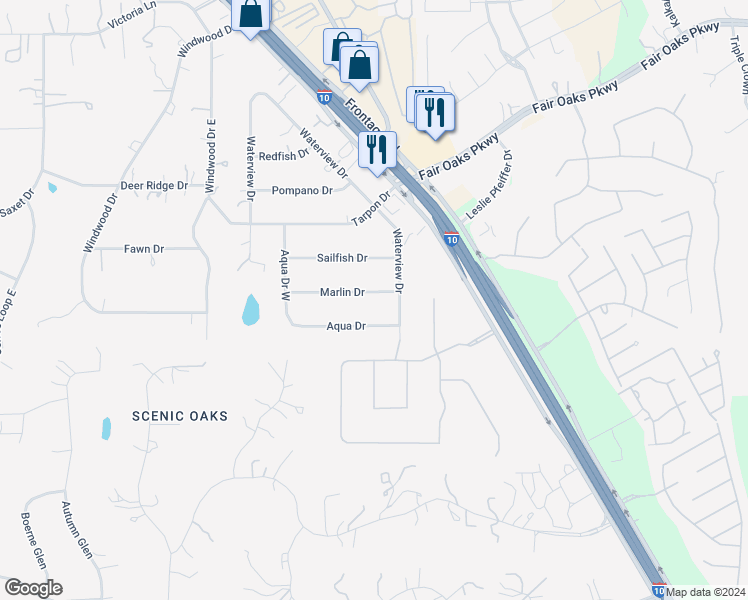 map of restaurants, bars, coffee shops, grocery stores, and more near 9174 Marlin Drive in Boerne