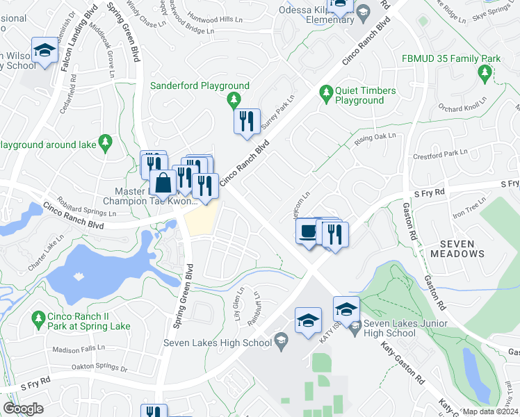 map of restaurants, bars, coffee shops, grocery stores, and more near 5114 Forest Sage Lane in Katy
