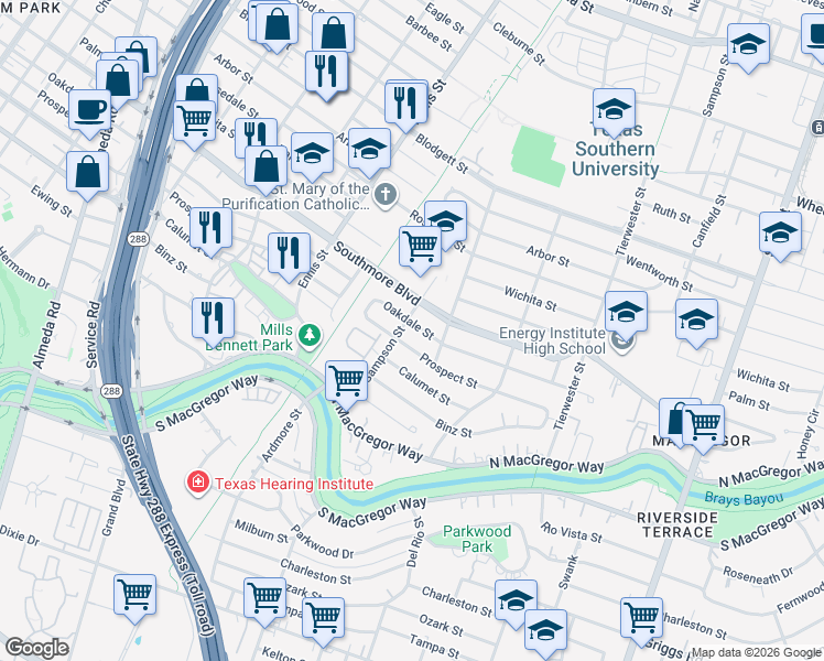 map of restaurants, bars, coffee shops, grocery stores, and more near 3214 Oakdale Street in Houston