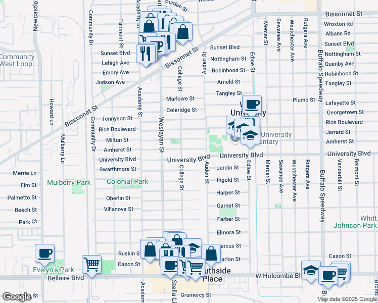 map of restaurants, bars, coffee shops, grocery stores, and more near 3831 Amherst Street in Houston
