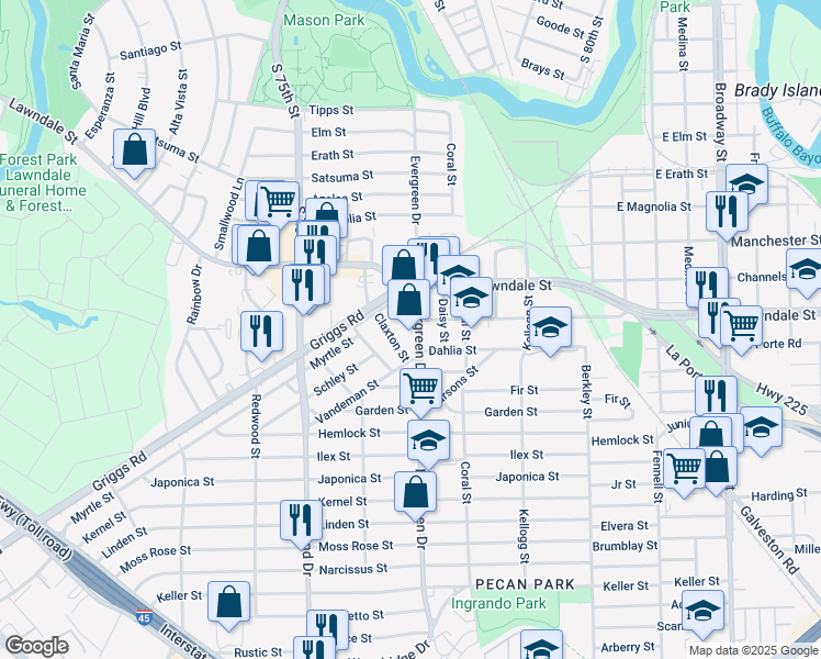 map of restaurants, bars, coffee shops, grocery stores, and more near 1110 Evergreen Drive in Houston