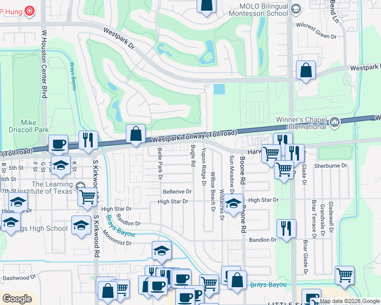 map of restaurants, bars, coffee shops, grocery stores, and more near 11502 Chesswood Drive in Houston