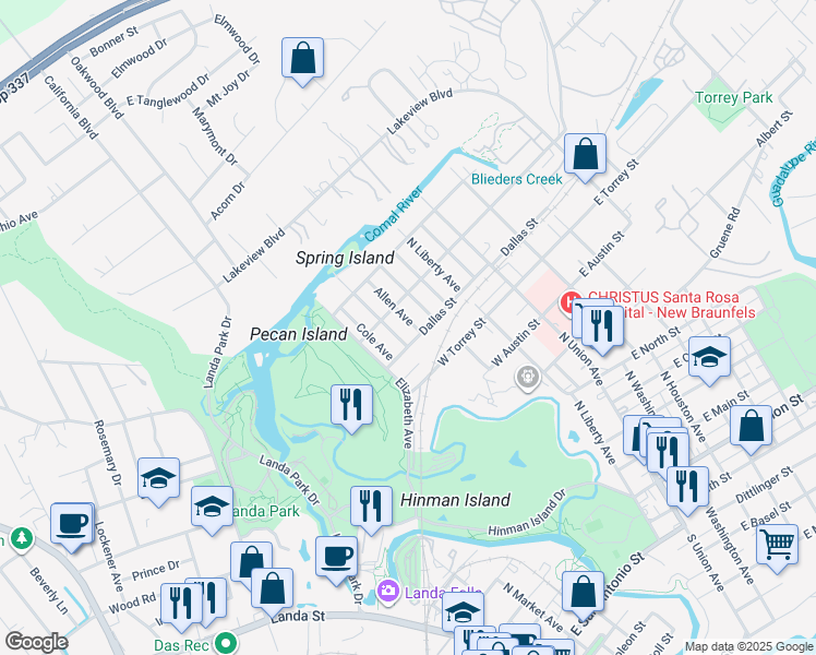 map of restaurants, bars, coffee shops, grocery stores, and more near 946 Booneville Avenue in New Braunfels