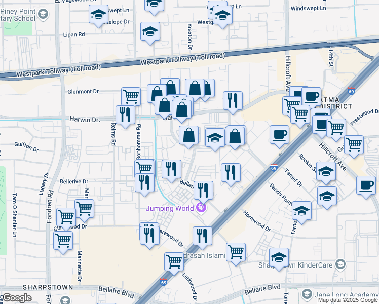 map of restaurants, bars, coffee shops, grocery stores, and more near 7207 Regency Square Boulevard in Houston