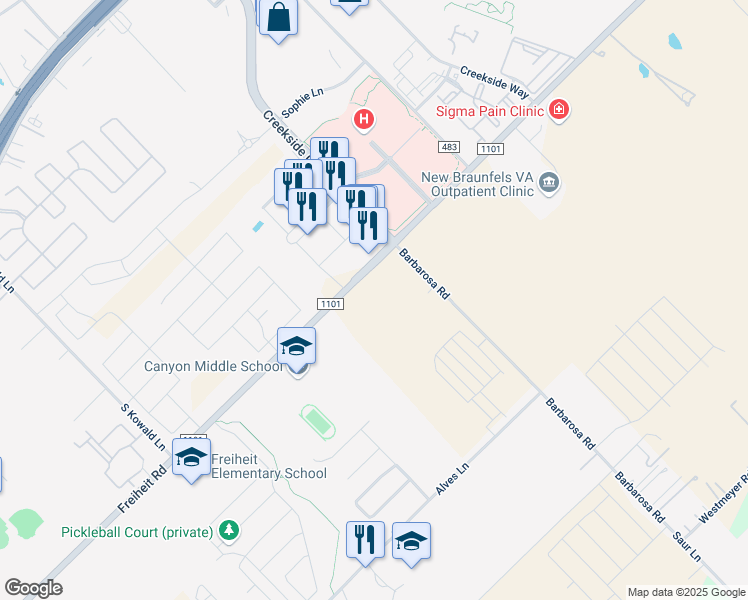 map of restaurants, bars, coffee shops, grocery stores, and more near 778 Barbarosa Road in New Braunfels