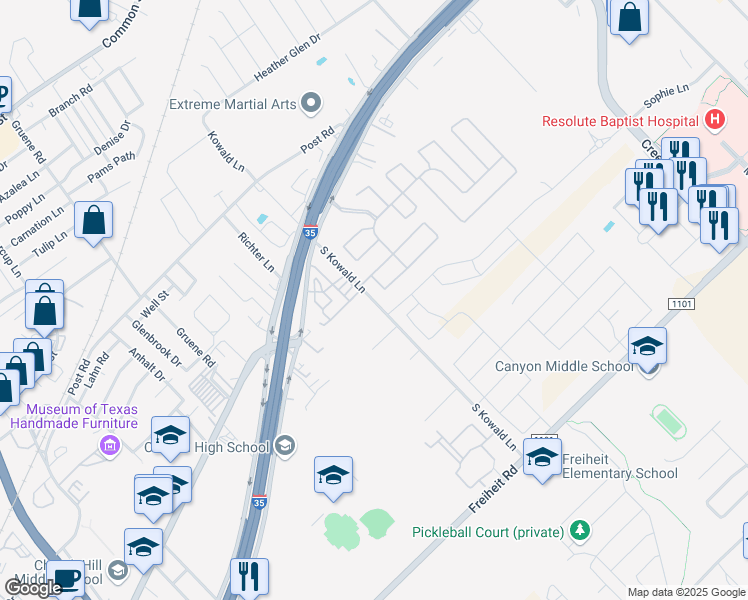map of restaurants, bars, coffee shops, grocery stores, and more near 124 Silver Spur Drive in New Braunfels