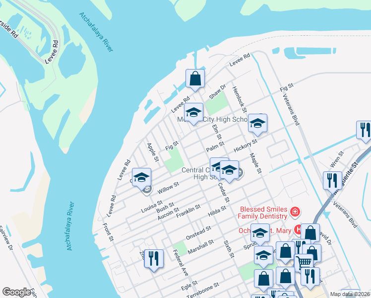 map of restaurants, bars, coffee shops, grocery stores, and more near 2408 Sixth Street in Morgan City