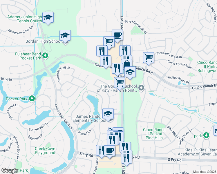 map of restaurants, bars, coffee shops, grocery stores, and more near 27246 Symphony Creek Lane in Fulshear
