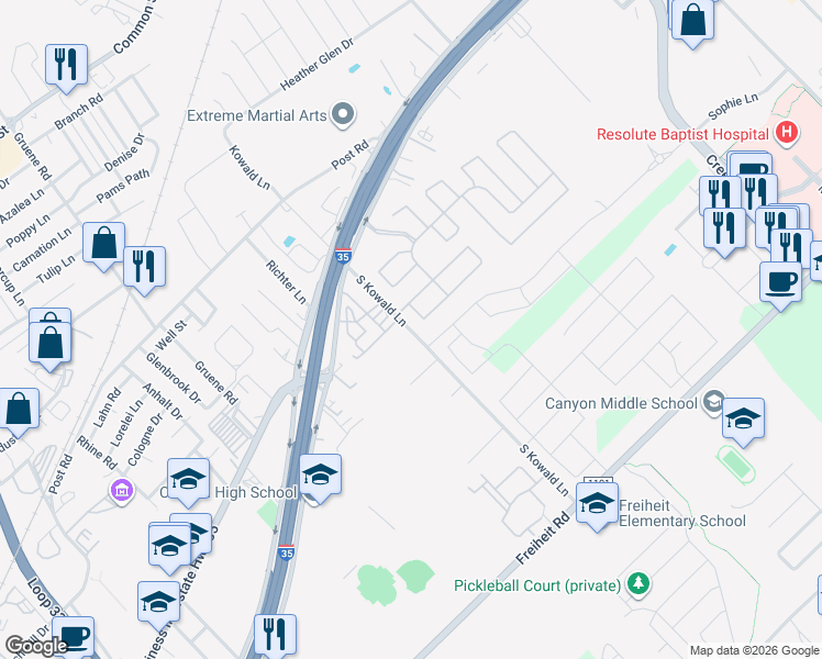map of restaurants, bars, coffee shops, grocery stores, and more near 124 Silver Spur Drive in New Braunfels