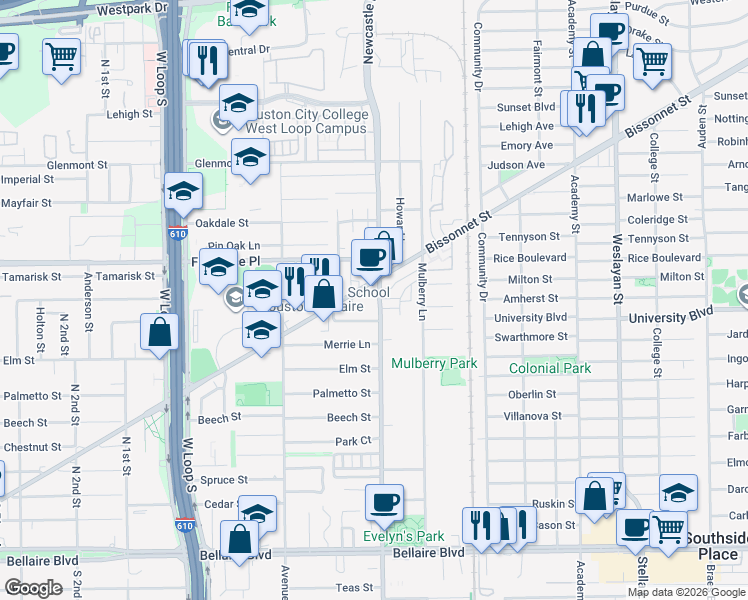 map of restaurants, bars, coffee shops, grocery stores, and more near 4433 Basswood Lane in Bellaire