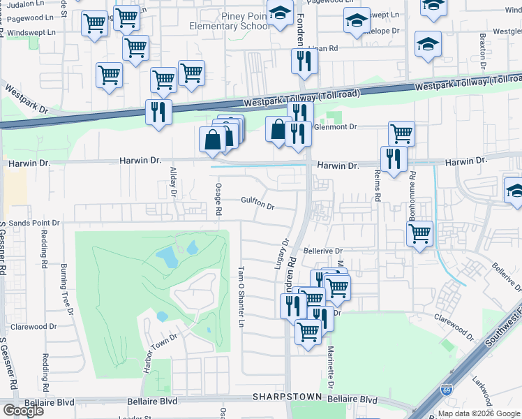 map of restaurants, bars, coffee shops, grocery stores, and more near 7811 Gulfton Drive in Houston