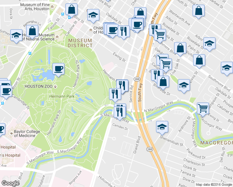 map of restaurants, bars, coffee shops, grocery stores, and more near 5838 Almeda Road in Houston