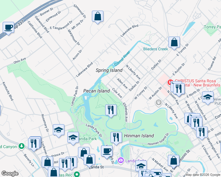 map of restaurants, bars, coffee shops, grocery stores, and more near 1021 Cole Avenue in New Braunfels
