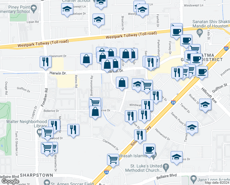 map of restaurants, bars, coffee shops, grocery stores, and more near 7211 Regency Square Boulevard in Houston