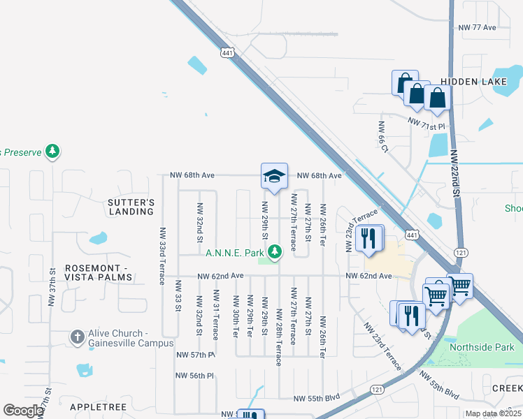 map of restaurants, bars, coffee shops, grocery stores, and more near 6614 Northwest 29 Street in Gainesville