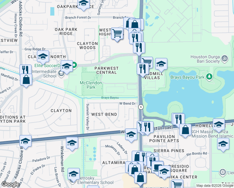 map of restaurants, bars, coffee shops, grocery stores, and more near 14802 West Bend Drive in Houston