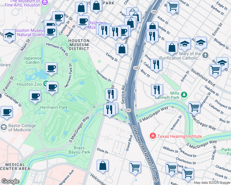 map of restaurants, bars, coffee shops, grocery stores, and more near 5927a Almeda Road in Houston
