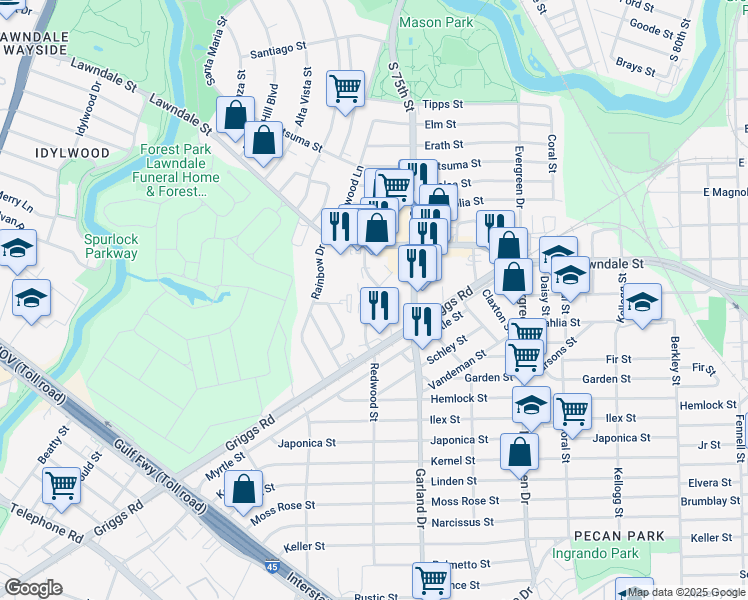 map of restaurants, bars, coffee shops, grocery stores, and more near 910 Redwood Street in Houston