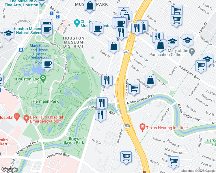 map of restaurants, bars, coffee shops, grocery stores, and more near 5927a Almeda Road in Houston