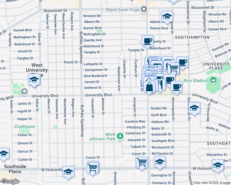 map of restaurants, bars, coffee shops, grocery stores, and more near 2804 University Boulevard in Houston