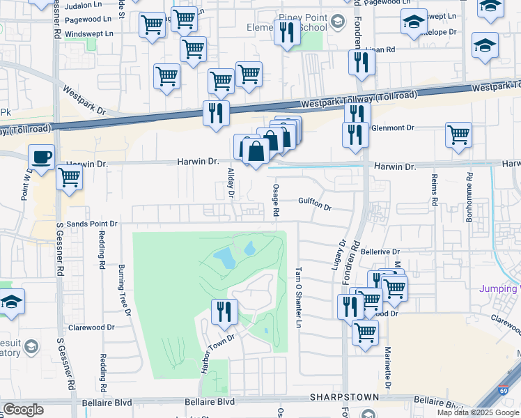 map of restaurants, bars, coffee shops, grocery stores, and more near 5914 Osage Road in Houston
