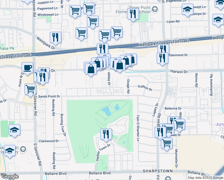 map of restaurants, bars, coffee shops, grocery stores, and more near 8022 Sands Point Drive in Houston