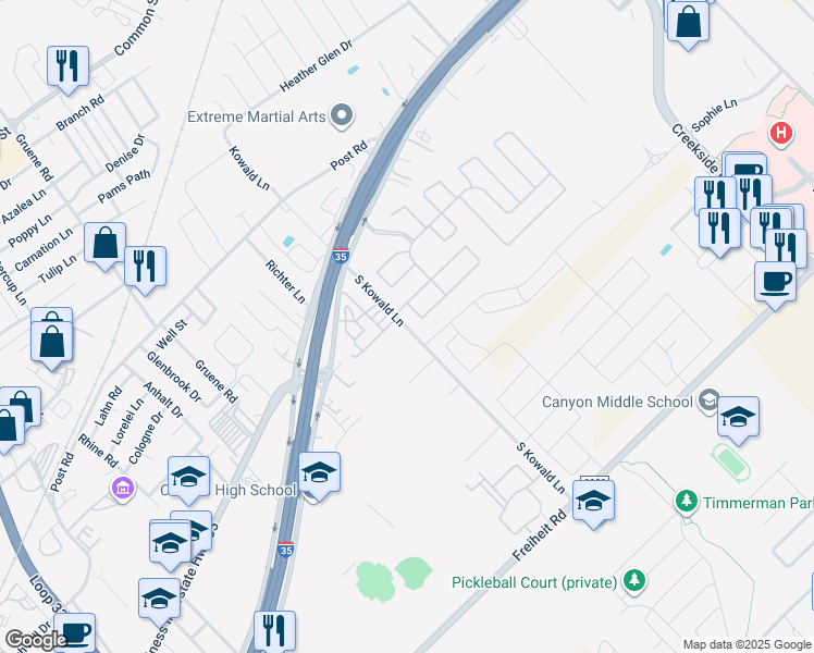 map of restaurants, bars, coffee shops, grocery stores, and more near 124 Silver Spur Drive in New Braunfels
