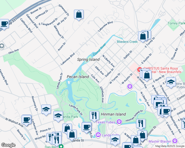 map of restaurants, bars, coffee shops, grocery stores, and more near 1030 Cole Avenue in New Braunfels