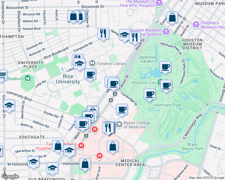 map of restaurants, bars, coffee shops, grocery stores, and more near 6400 Fannin Street in Houston