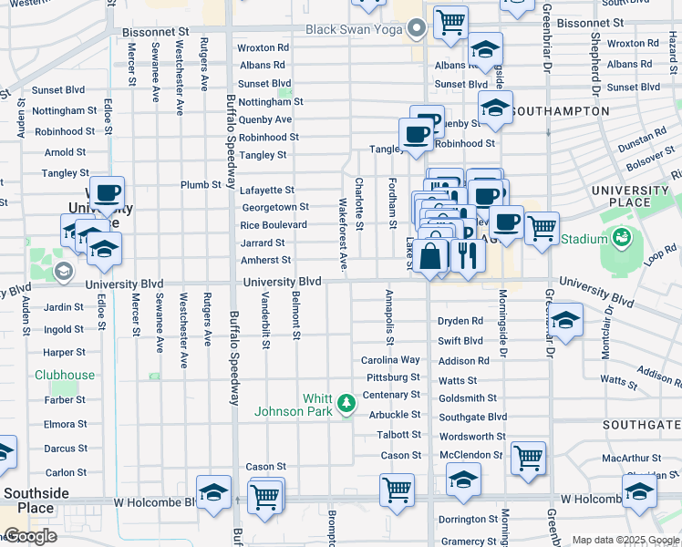 map of restaurants, bars, coffee shops, grocery stores, and more near 2804 University Boulevard in Houston