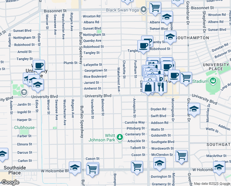 map of restaurants, bars, coffee shops, grocery stores, and more near 2804 University Boulevard in Houston