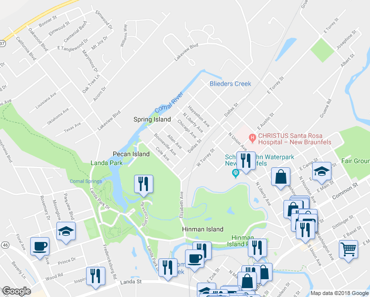 map of restaurants, bars, coffee shops, grocery stores, and more near 930 Allen Avenue in New Braunfels