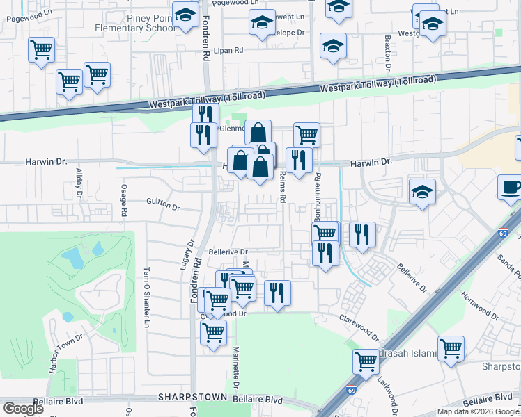 map of restaurants, bars, coffee shops, grocery stores, and more near 6000 Reims Road in Houston