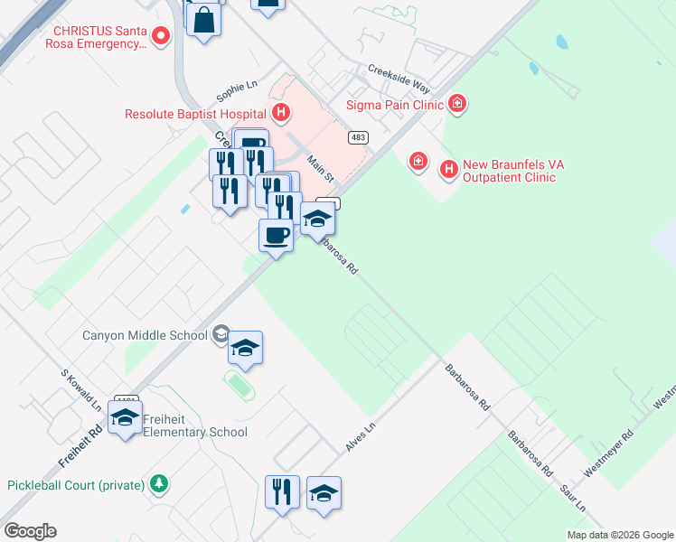 map of restaurants, bars, coffee shops, grocery stores, and more near 778 Barbarosa Road in New Braunfels