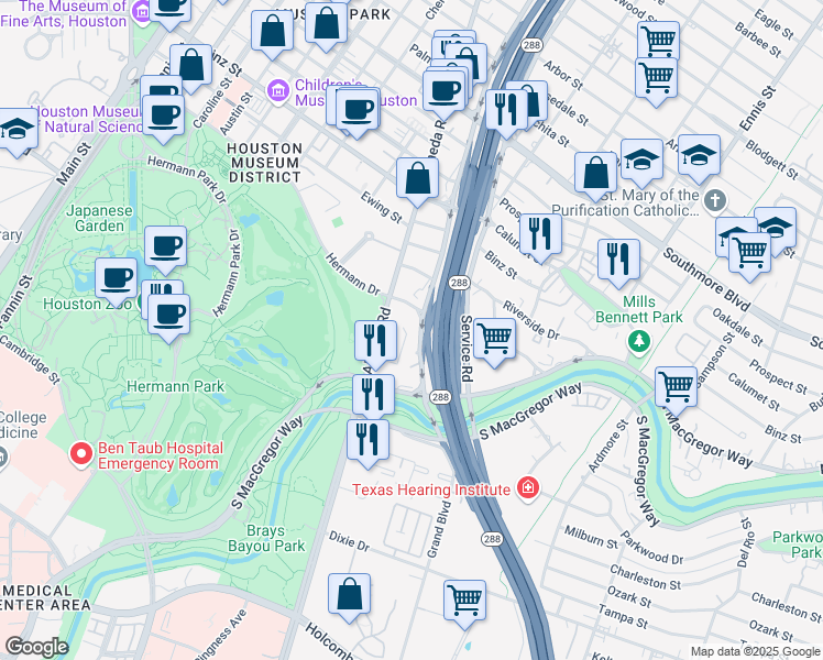 map of restaurants, bars, coffee shops, grocery stores, and more near 102 Carson Court in Houston